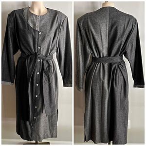 Vintage 70s Oleg Cassini Gray Belted Midi Dress Wool Blend Button Front two tone